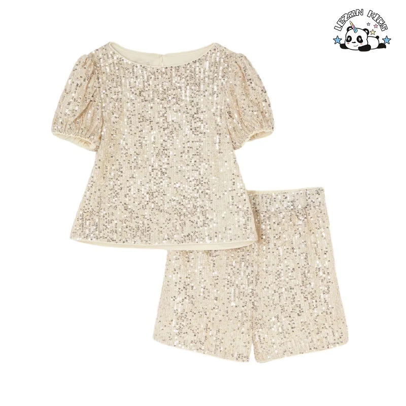 LEZONKIDS - Customizable Design Children's Set  Puff Short Sleeves Sequin Shorts Sequin Girls Clothing Set